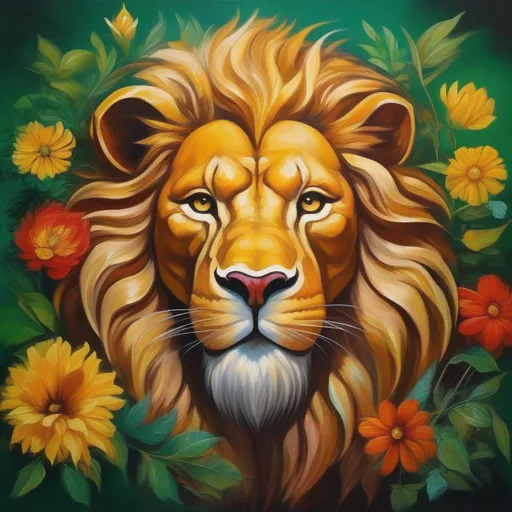 Prompt: (masterpiece, oil painting, Dungeons & Dragons, best quality), beautiful artistic rendering of a proud & noble Lion, deity [sun god], peacefully smiling, staring out into the distance, an emerald gemstone embedded in its forehead, flowers woven into its mane, 