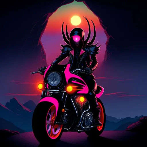 Prompt: A Mind Flayer in biker gear riding a motorcycle parked on rocky Mountains overlooking a bright and vibrant, orange, red, and pink sunset. 80ś digital illustration