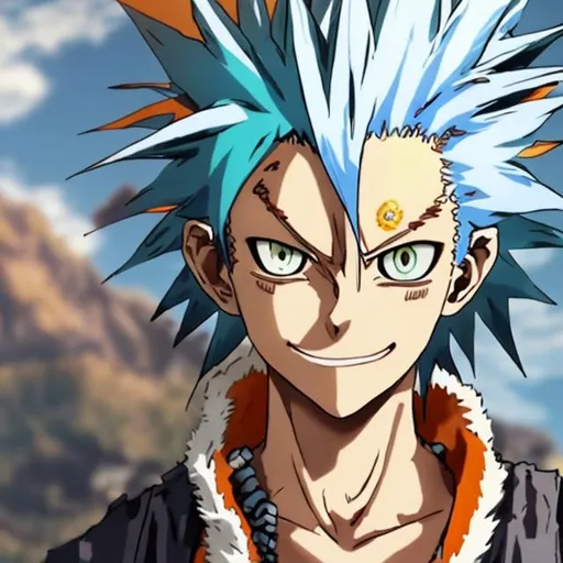 Prompt: Orange and blue haired senku from dr stone with golden eyes