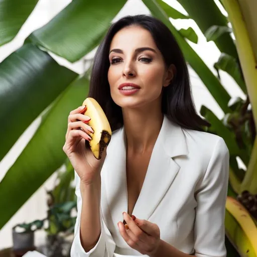 Prompt: An elegant rich business woman eats a banana under a palm
