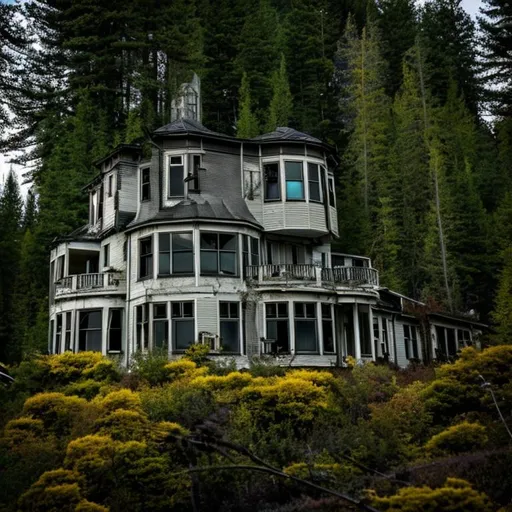 Prompt: abounded house, night ,  moon, mountain , dark forest , torch, fire trees , two scary ghost