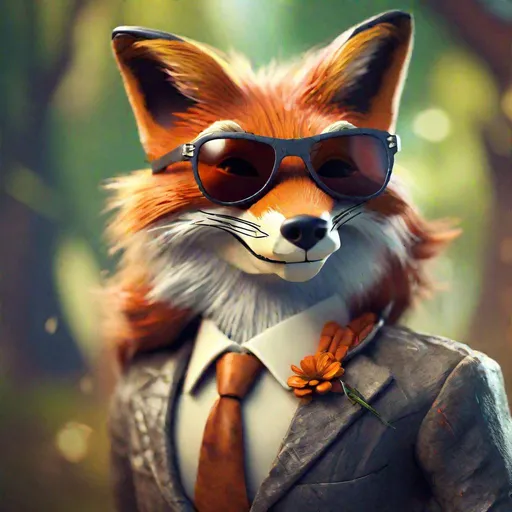 Prompt: highly detailed matte painting stylized three quarters portrait of an anthropomorphic rugged happy fox with sunglasses! head animal person, background blur bokeh! ! --ar 2:3 --s 750