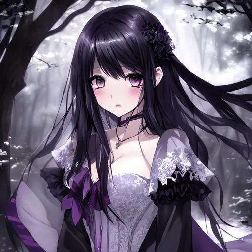 draws in anime version a beautiful and dark girl, th...