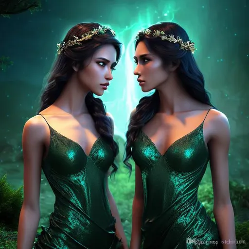 Prompt: HD 4k 3D 8k professional modeling photo hyper realistic beautiful twin women ethereal greek goddesses of disputes
dark green hair brown eyes gorgeous face black skin shimmering dress with jewelry laurel headpiece full body surrounded by magical glowing  light hd landscape background two twins arguing in dark gloomy underworld