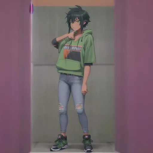 Prompt: anime Tomboy with bright green eyes and short, untamed black hair reaching her ears. She exudes a fearless attitude, wearing a red hoodie vest over well-worn second-hand clothes. Her blue skinny jeans, adorned with knee pads, are held up by a belt boasting various-sized pouches. Her vibrant, bright orange running shoes have accumulated a layer of dust from the gritty streets of the ghetto suburbs. The marks of her daring adventures