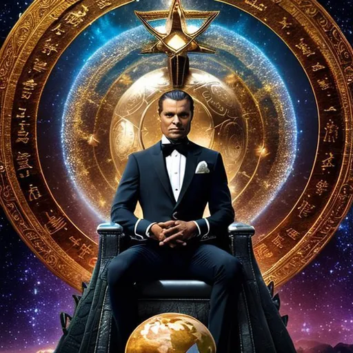 Prompt: a man in a suit on a  throne holding the earth in his palm and the star signs in the far background



 
