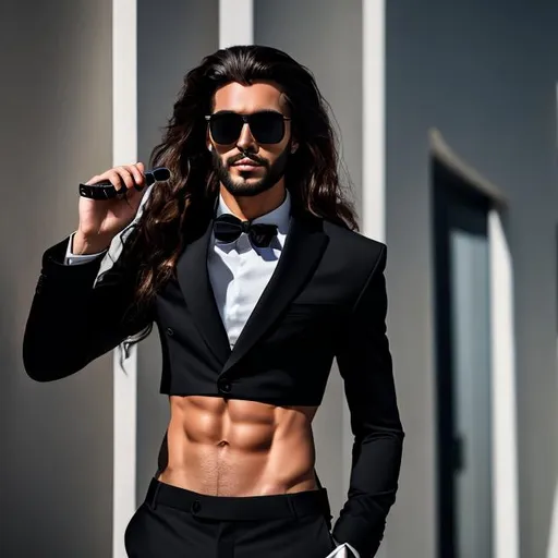 Prompt: a gorgeous 4k hdr photo of an attractive extremely long-haired 22-years old man with a six pack abs and sunglasses wearing a crop top black long sleeve business suit with a black necktie and black business suit pants, he also has a bare midriff and a bare navel, sideview, sore abs, he is smoking a cigarette with one of his hands on his hips, (gradient dark background), ((highly detailed)), ((high quality)), ((vibrant colors))