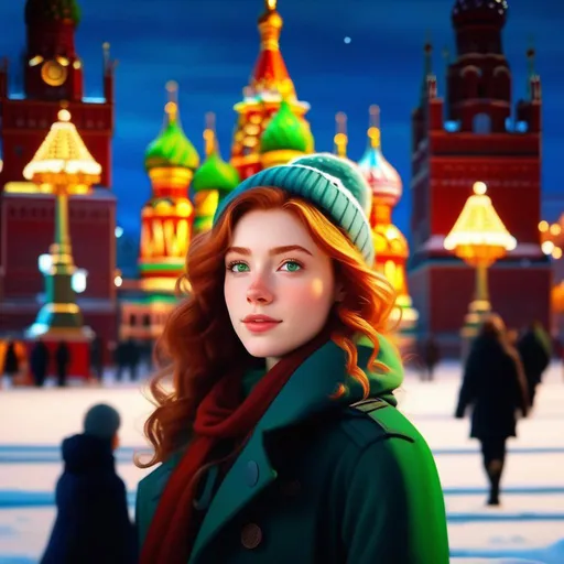 Prompt: Third person, gameplay, Russian girl, pale skin, freckles, curly ginger hair, green eyes, 2020s, smartphone, Moscow, Red Square at night, snow, blue atmosphere, cartoony style, extremely detailed painting by Greg Rutkowski and by Henry Justice Ford and by Steve Henderson 