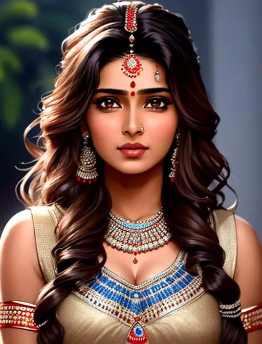 Prompt: Sadaf Mohammed Sayed (Indian actress who mainly appears in Telugu, Tamil, and Kannada films) crying, sleeveless, brown hair, brown eyes, tears running down face, wearing tribal cueitl, ethereal, sad, jewelry set balayage wild hair, royal vibe, highly detailed, watery eyes,tears running down face, highly detailed face, digital painting, Trending on artstation , HD quality, tan skin,artgerm,  by Ilya Kuvshinov 