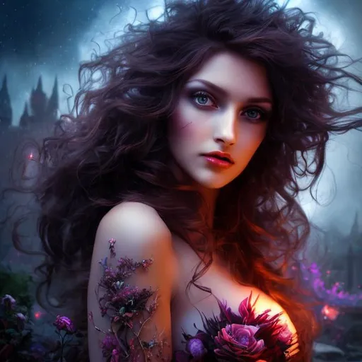 Prompt: HD 4k 3D professional modeling photo hyper realistic beautiful enchanting sorceress woman dark curly flowing hair pale skin dark eyes gorgeous face dark red dress tower with flowers and paintings landscape glowing lights hd background ethereal mystical mysterious beauty full body