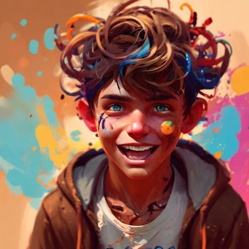 Prompt: a boy with a mother, with body and hair painted, with brown jacket, vibrant color palette, energetic atmosphere, dynamic composition, high quality, digital painting, smiling and cute face