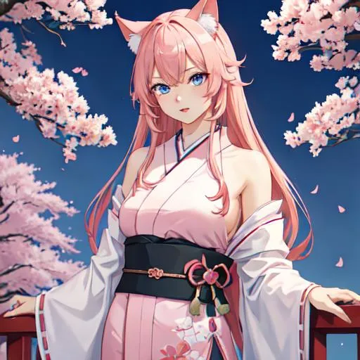 Prompt: Japan as a female human, 8k, UHD,  highly detailed, pink hair, blue eyes, cat ears, wearing a casual outfit