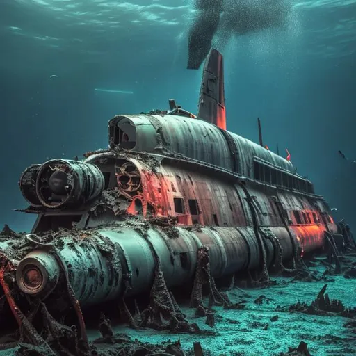 Prompt: World War II submarine on ocean floor with wreckage, Cinematic, Photoshoot, Shot on 25mm lens, Depth of Field, Tilt Blur, Shutter Speed 1/1000, F/22, White Balance, 32k, Super-Resolution, Pro Photo RGB, Half rear Lighting, Backlight, Dramatic Lighting, Incandescent, Soft Lighting, Volumetric, Conte-Jour, Global Illumination, Screen Space Global Illumination, Scattering, Shadows, Rough, Shimmering, Lumen Reflections, Screen Space Reflections, Diffraction Grading, Chromatic Aberration, GB Displacement, Scan Lines, Ambient Occlusion, Anti-Aliasing, FKAA, TXAA, RTX, SSAO, OpenGL-Shader’s, Post Processing, Post-Production, Cell Shading, Tone Mapping, CGI, VFX, SFX, insanely detailed and intricate, hyper maximalist, elegant, dynamic pose, photography, volumetric, ultra-detailed, intricate details, super detailed, ambient –uplight –v 4 –q 2