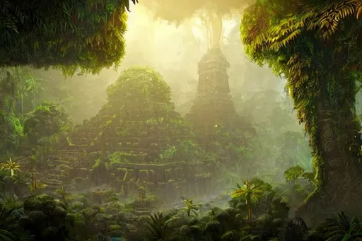 Prompt: an environmental concept art of a fantasy Amazon rainforest with Aztec temples made of gold