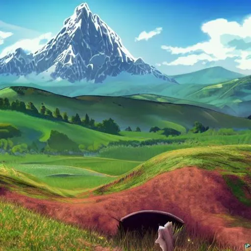 Prompt: green rolling hills, anime, mountains in distant background, hobbit hole down right, steep angle, 




