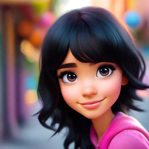 Prompt: Disney, Pixar art style, CGI, girl with Hispanic skin, almond shaped black eyes, long curly black hair, emo