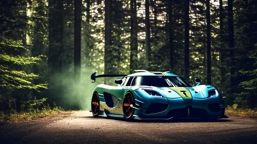 Prompt:  wide body heavily modified koenigsegg at illegal meet, dark and shadowy background, in the Canadian forest, 30 minutes after sunset, long depth of field.