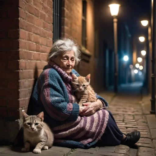 Prompt: An old bag lady layered in clothes sat against a brick wall  in an ally with a fluffy striped  kitten cuddling up to her in sweater in night with street lights leading you out of frame 