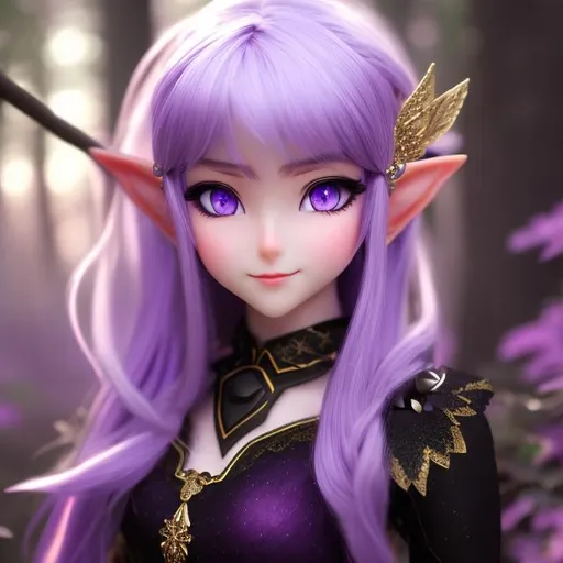 Prompt: High detail, Elf, 1girl, black and purple dress, purple & black eyes, in forest, alone, facing camera, standing up, anime art style, cute face, close to camera, smiling, white teeth 