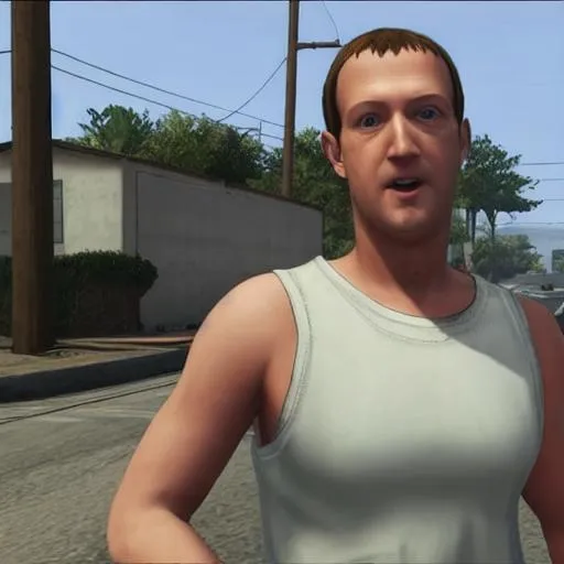 Prompt: Grand Theft Auto San Andreas (2004) awkward cutscene mod featuring Mark Zuckerberg cosplaying as CJ Carl Johnson from GTA San Andreas, white sleeveless tanktop, player model, grove st, mod, focus on face, protagonist, ghetto, psp screenshot, ps1 gameplay, Dreamcast graphics, San Andreas Mod, GTA SA, Compton, curly Caesar haircut, Ps2, meme