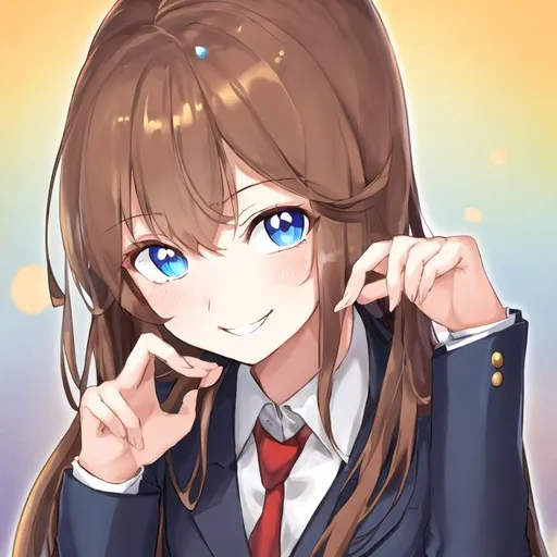Prompt: Portrait of a cute girl with long, brown hair and blue eyes wearing a suit and winking 