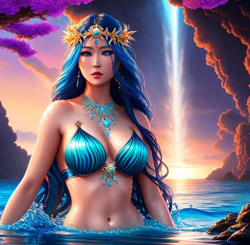 Prompt: Tropical Epic Beautiful Aquatic (Beautiful melancholy {goddess}female liquid satin}), hyper realistic, expansive oceanic background, hyper realistic, 8K --s99500