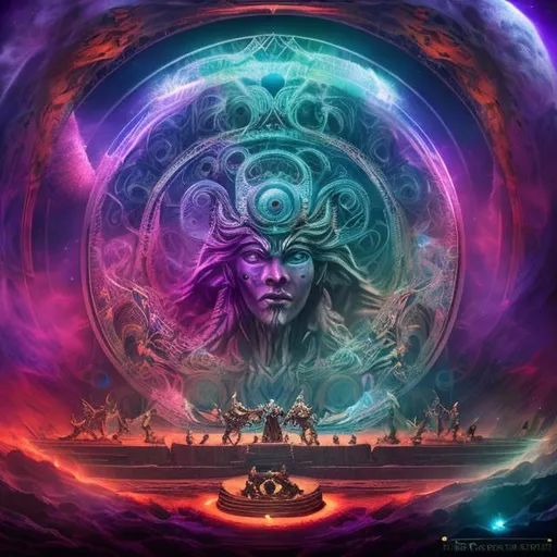 Prompt: "The Celestial Symphony of Forgotten Gods"

Description: In the boundless expanse of an interdimensional cosmic amphitheater, envision a grand assembly of ancient and nearly-forgotten gods hailing from diverse mythologies and realms. These enigmatic deities, once revered and omnipotent, now converge for a momentous cosmic concert, forging an ethereal symphony that resonates through the cosmos.

Each deity appears as an awe-inspiring fusion of their original forms, intertwining elements from their respective mythologies. For instance, a hybrid god might possess the head of an Egyptian deity, the wings of a Greek messenger god, and the body of an Aztec earth god.
Their musical instruments transcend earthly notions, manifesting as celestial objects infused with divine energy. Picture instruments such as a harp composed of radiant starlight, a drum hewn from the fabric of time itself, and a flute that conjures galaxies with each note.
The celestial amphitheater is an otherworldly setting, bathed in ever-shifting hues of cosmic energy. Spectators may include beings from distant dimensions, cosmic wanderers, and mythological creatures, all enraptured by the harmonious spectacle.
This concept invites viewers on a visual journey through the tapestry of mythology, where gods long-forgotten converge to create a transcendent melody that defies the boundaries of time and space. It prompts contemplation of the enduring power of myths and the enduring legacy of these ancient deities.