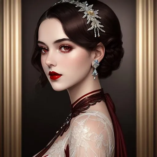 Prompt: Ethereal portrait of a beautiful 1920's high class young aristocrat female with dark brown eyes perfect cherry red lips wearing a very beautiful formal gown