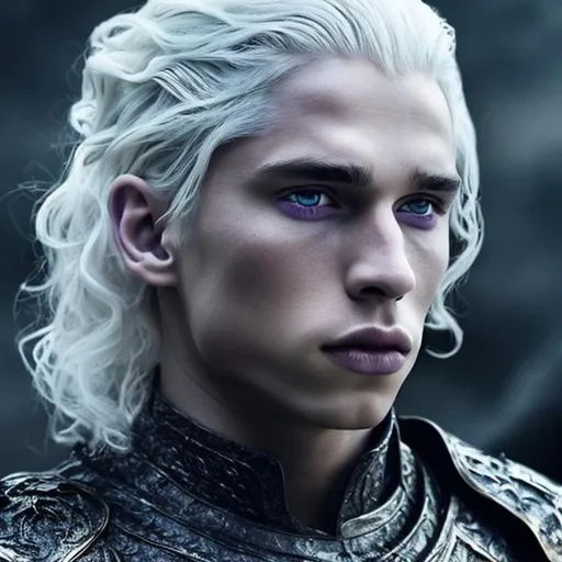 Prompt: Targaryen men, pale skin, silver, platinum, or gold hair and eyes in a variety of shades of purple, or light blue, strikingly beautiful
