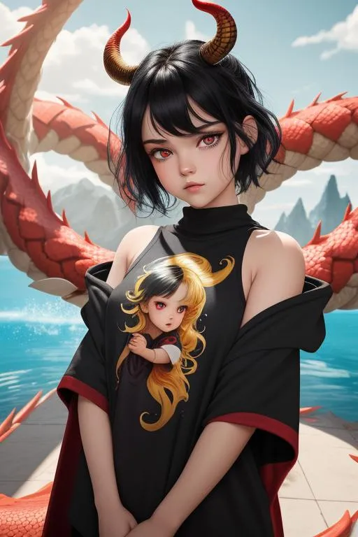 Prompt: loose oversize t-shirt, bright colors, symmetrical, beautiful little girl, solo, one has jet-black hair and vermilion red eyes, and the other has blond hair and blue eyes, each exuding a different charm. intricate dragon horns, tail, perfect composition, hyperrealistic, super detailed, 8k, high quality, Splash art, front, epic Instagram, artstation, hyperdetailed intricately detailed, unreal engine, intricate detail, complementary colors, concept art, 8k, heavy strokes, splash arts, full height, full body focus,