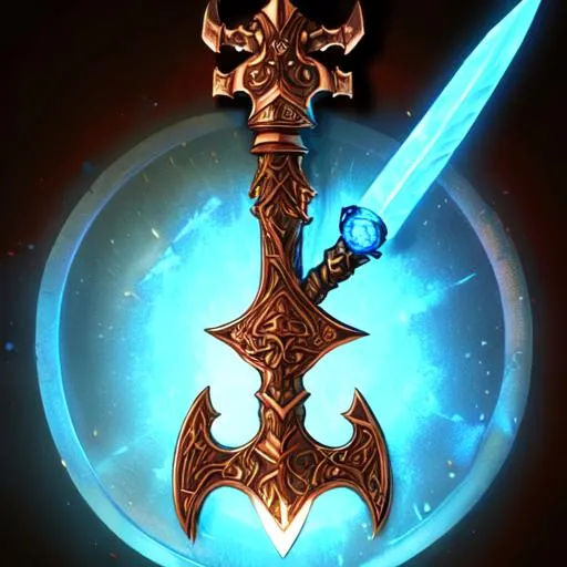 Prompt: A glowing copper double axe with a glowing blue orb in the middle, mjolnir, inspired by world of warcraft.