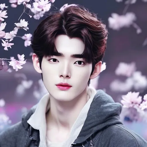 Prompt: Lee Jong-suk anime boy acting with white hair  with flowers