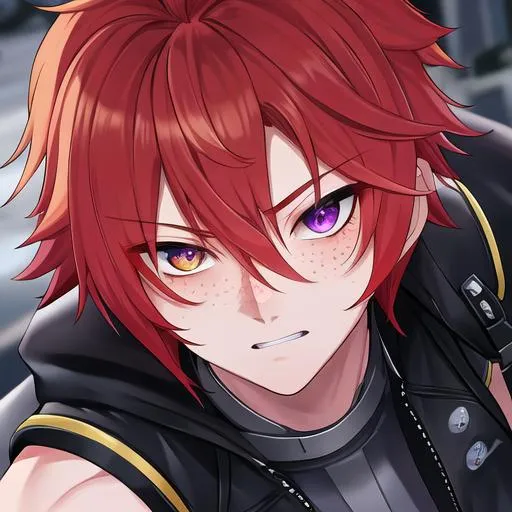 Prompt: Erikku male (short ginger hair, freckles, right eye blue left eye purple) UHD, 8K, Highly detailed, insane detail, best quality, high quality, Upset, muscular, riding a motorcycle