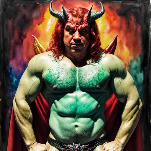 Prompt: Ron DeSantis as Satan :: watercolor and acrylic :: hyperdetailed :: vibrant colors :: sinister :: devilish :: satanic :: evil :: thin body :: anorexic :: perfectly centered in frame :: no muscles, very thin, wimpy