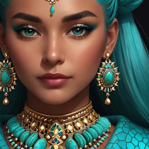 Prompt: An extremely gorgeous woman,  with top knots full of turquoise jewels, in color scheme of turquoise and gold,facial closeup