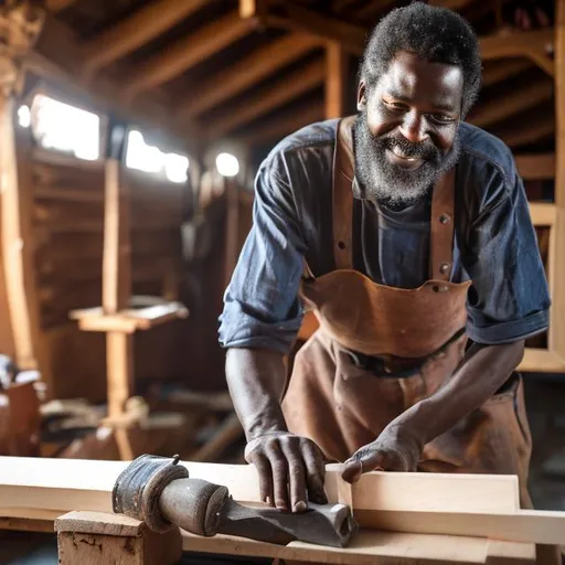 Prompt: black carpenter's young
 son happily working alongside his  stern,but loving father and other workers in ancient carpentry
