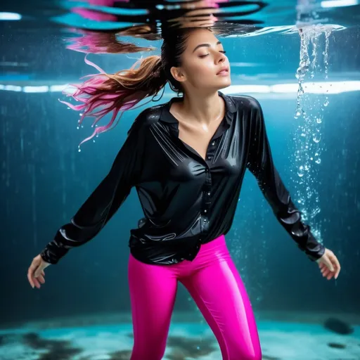 Prompt: photo of young woman, soaking wet clothes, , pink long leggings, big black oversized very long sleeved blouse,  , floating underwater side to side,   enjoying, water dripping from clothes, clothes stuck to body,  detailed textures of the wet fabric, wet face, wet plastered hair,  wet, drenched, professional, high-quality details, full body view.