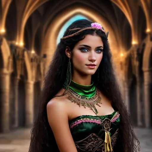 Prompt: professional modeling photo esmerelda as live action human woman hd hyper realistic beautiful gypsy woman black hair olive skin green eyes beautiful face romanian dress and jewelry and tamborine enchanting notre dame hd background with live action realistic goat 