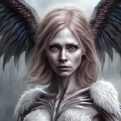 Prompt: Hyper realistic female human demon hybrid with wings