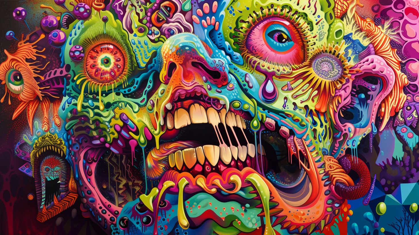 Prompt: a psychedelic art piece with bright colors and eyes, in the style of garbage pail kids, industrial paintings, detailed perfection, playful caricature, punctured canvases, neo-op