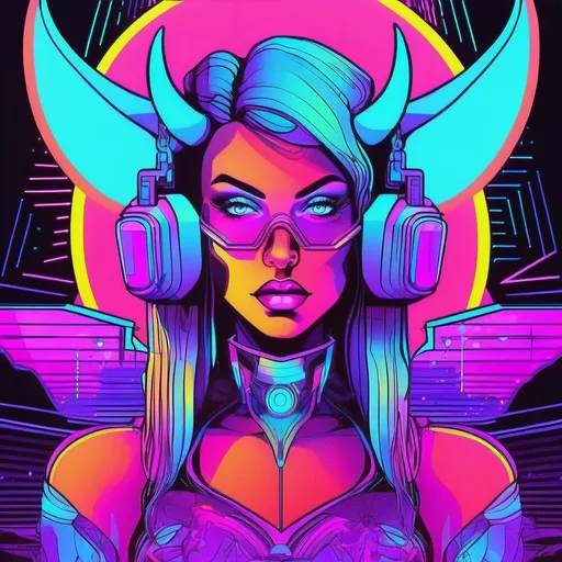 Prompt: a beautiful female demon in a dynamic pose in a retro futuristic synthwave neon paradise.  neon lighting, high quality, beautiful, masterpiece, artistic, synthwave, cyber, retro, futuristic