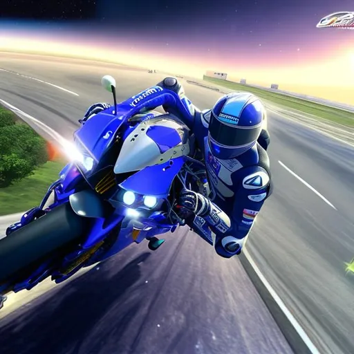 Prompt: motorcycle racing, on twisting highway in space, between planets, lots of stars, space dust, future, realistic, detailed, areal view, yamaha r6