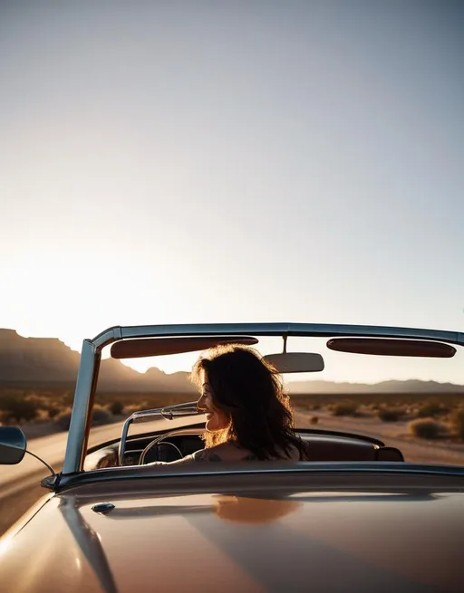 Prompt: A woman looks out happily from a vintage convertible driving down an open desert highway in the American southwest at sunrise. Shot with a 85mm lens on a Fujifilm X-T3. The mood is free, wanderlust, carefree. In the style of Samantha Borges. 