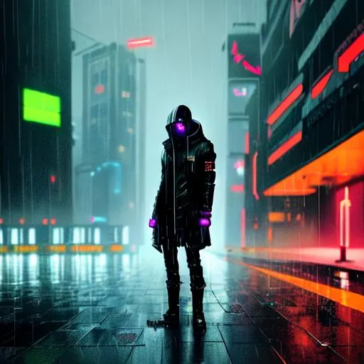 Prompt: Lonely cyberpunk in the rain.