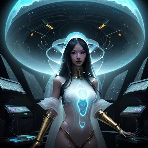 Prompt: splash art, hyper detailed, hyper realistic, highly detailed, dark, surreal heavy mist, floating at the edge of the Universe, in an alien observatory spaceship, 

create a 70% transparent computer generated hologram of an exquisite, beautiful, totally ultra realistic young adult Asian Time Travel Sorceress, in an offensive stance, wearing White Obsidian and Gold armor,

Gorgeous detailed facial features, long legs, vibrant sumptuous, perfect body, ultra pale, visible midriff, ((perfect curly red hair)), magically created armor, heavy iron collar, 

Perfect studio lighting, perfect shading. HDR, UHD, high res, 64k, cinematic lighting, special effects, hd octane render, professional photograph, trending on artstation, .