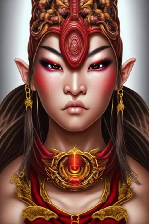 Prompt: supreme kai, goddess, symmetrical features, tan skin, single face, pure red eyes