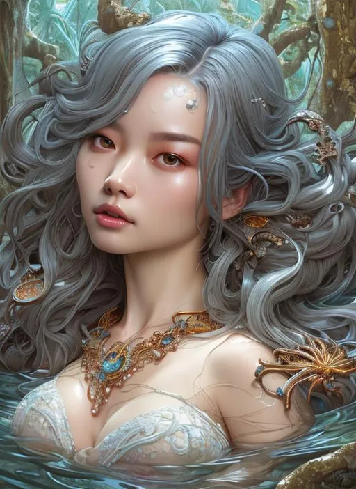 Prompt: , Full body portrait of beautiful korean goddes lie down with leech, soaking wet hair, by terry o'neill intricate, white hair, elegant, highly detailed, digital painting, glistening skin, artstation, concept art, smooth, sharp focus, bright lighting, illustration, art by artgerm and greg rutkowski and alphonse mucha, 8 k, lie down, holding dildos, seduced, 36 c cup.