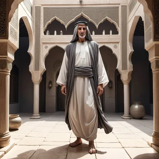 Prompt: Full body, Fantasy illustration of a male arab, 65 years old, short Grey hair, traditional garment, Indignant expression, high quality, rpg-fantasy, detailed, in a Arabian style courtyard 