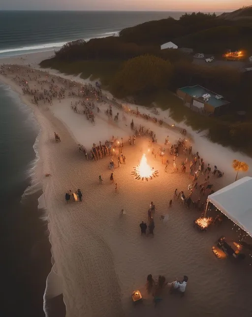 Prompt: A lively aerial shot of a beach party at dusk with bonfires and lanterns scattered across the sand. Groups of friends dance together while waves crash gently along the shoreline behind them. The scene is illuminated by the warm light of the setting sun blending with the cooler light of the rising moon. Shot with a DJI Mavic 3 drone using a wide angle lens to capture the scope. The mood is carefree summertime joy. In the style of José Luis Ruiz.