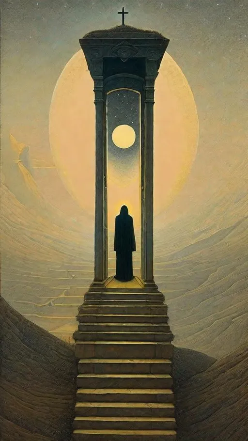 Prompt: Beksinski style occult tarot card, agoraphobia 